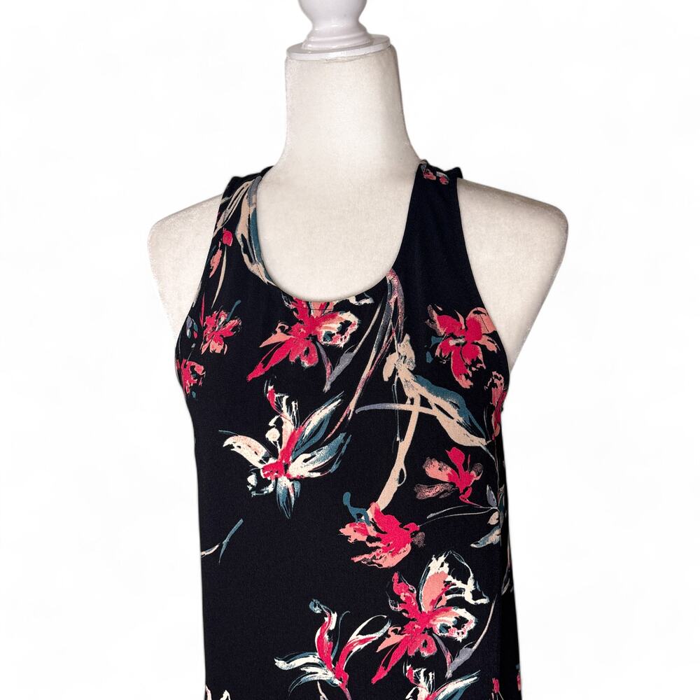 Leith Sleeveless Tropical Floral Flutter Hem Shift Mini Dress Black Small - Picture 4 of 9